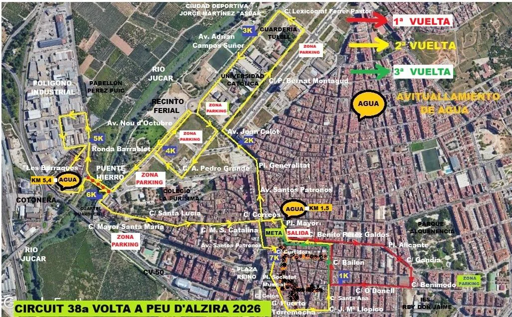 Plano oficial del recorrido de la Volta a Peu d'Alzira 2026: circuito llano de 8 km y zonas de aparcamiento