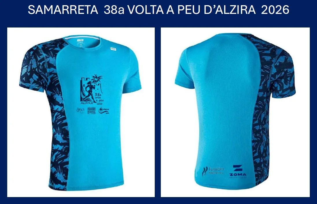 Camiseta técnica oficial de la 38a Volta a Peu d'Alzira 2026, delantera y trasera